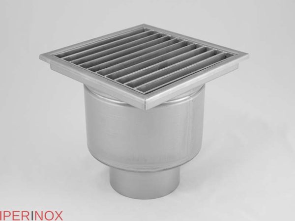 Sifon inox profesional, 200x200 mm, cu gratar antiderapant, iesire verticala - Iperinox