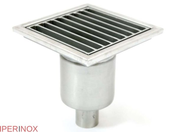 Sifon inox, 200x200 mm, cu gratar lader, iesire verticala - Iperinox