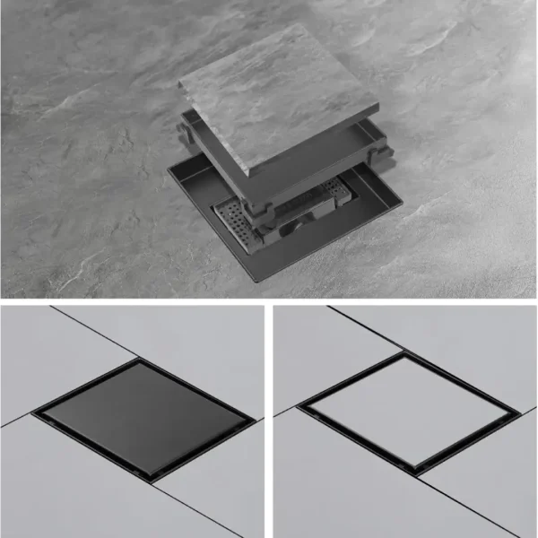 Sifon pardoseala negru mat cu gratar Plat, din inox, dimensiune 15x15 cm - Iperinox