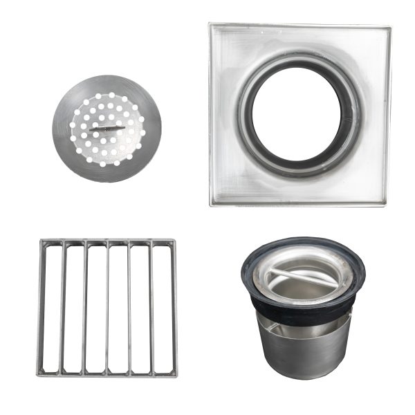 Sifon inox, 150x150 mm, cu gratar lader, iesire verticala - Iperinox