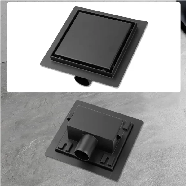 Sifon pardoseala negru mat cu gratar Plat, din inox, dimensiune 15x15 cm - Iperinox