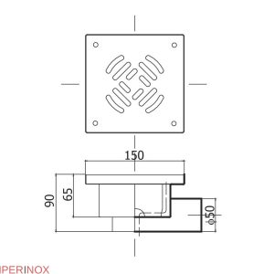 Sifon inox KSBE, 150x150 mm, cu gratar screwed, iesire laterala - Iperinox