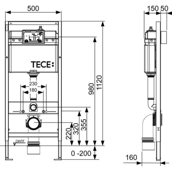 Rezervor WC, incastrat, TECEbase, 50 x 112 cm, Clapeta de actionare si sistem de fixare incluse - Iperinox